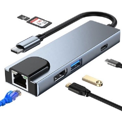 6 in 1 Type-c 2 Port Usb 2.0/3.0 Hub Rj45 Usb Lan Card Reader Converter