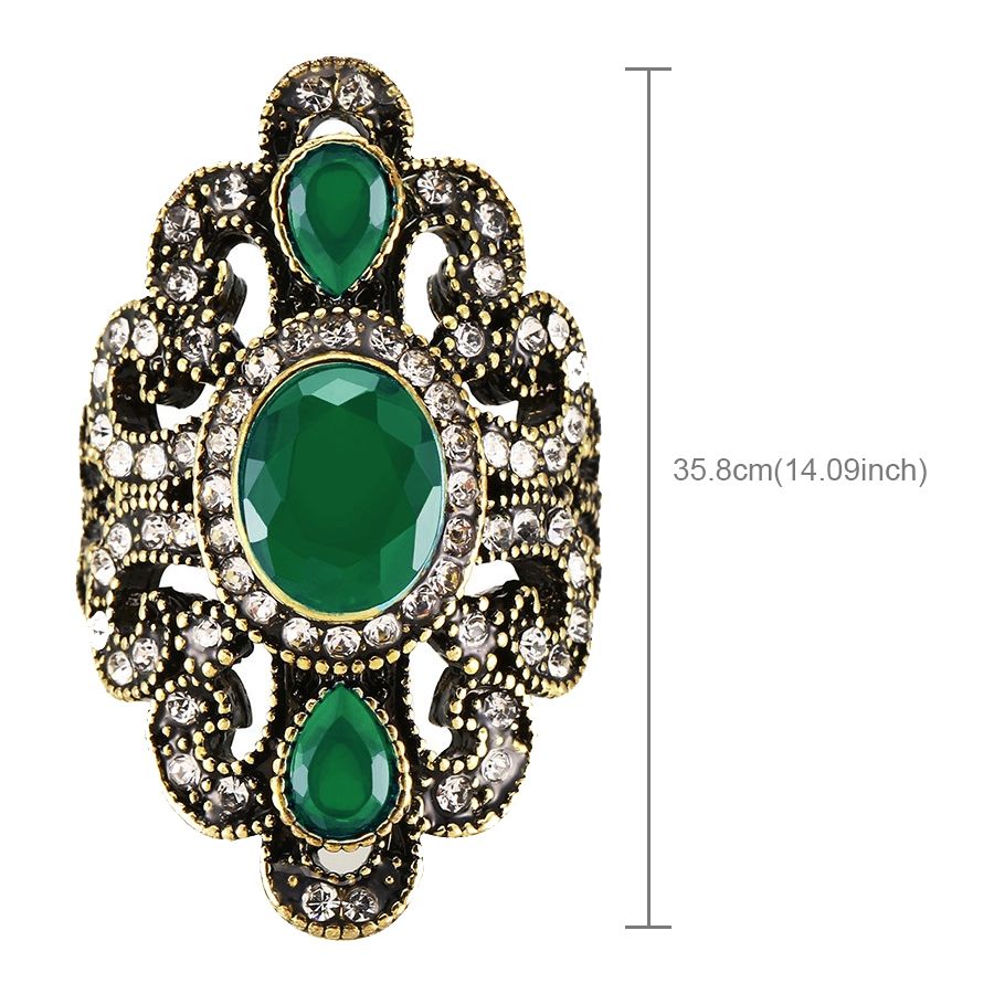 Vintage Ethnic Style Exquisite Carved Inlaid Acrylic Resin Hollow Ring, Ring Size:10(Green)
