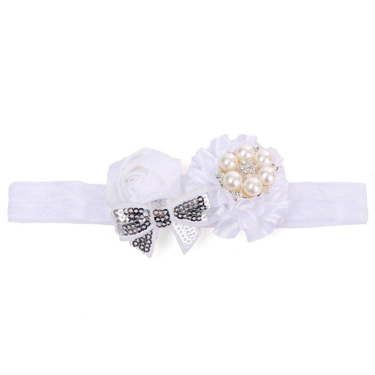 Kids Girl Baby Toddler Luxury Bow Pearl Rose Flower Headband Hair Band Headwear White White