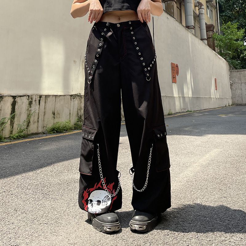(B)WeiYao Eyelet Buckle Black Punk Goth Jean Fashion Woman Techwear Dark Academic Print E Girl Cargo Pants Low Waist Denim Trousers ACU