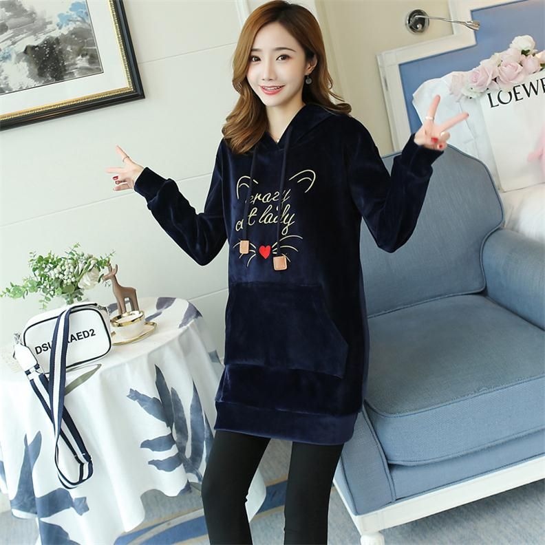 Blue-Long Hoodie Sweatshirts Women Print Letter Thicken Tops Winter Clothes For Pregnant
