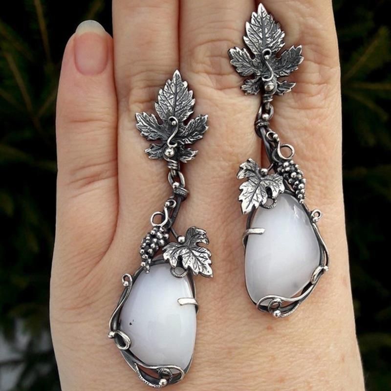 Vintage Silver Color Opal Earrings Grape Leaf Plant Dangle Earrings For Women Party Anniversary Party Jewelry Gift Wholesale