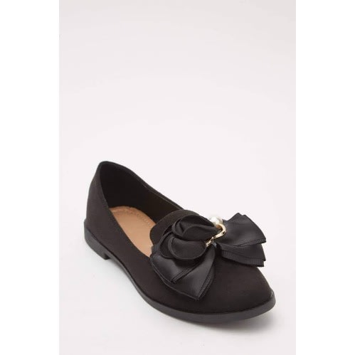 Ladies 3D Floral Faux Suede Loafers - Black