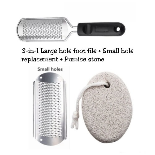 3-in-1 Stainless Steel Large Hole And Small Hole Foot File And Pumice Stone - Black
