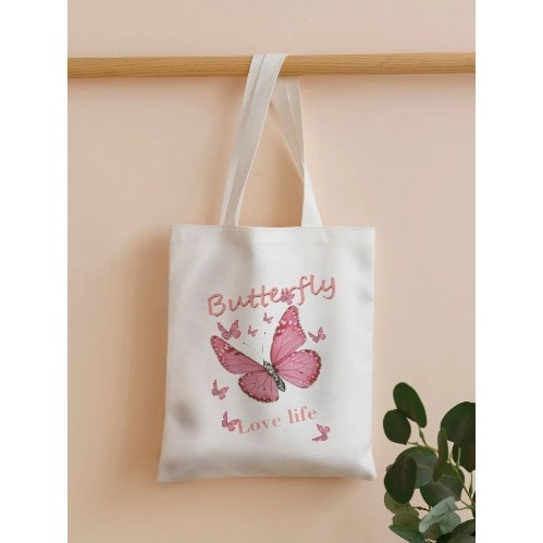 White Butterfly & Letter Graphic Shopper Bag