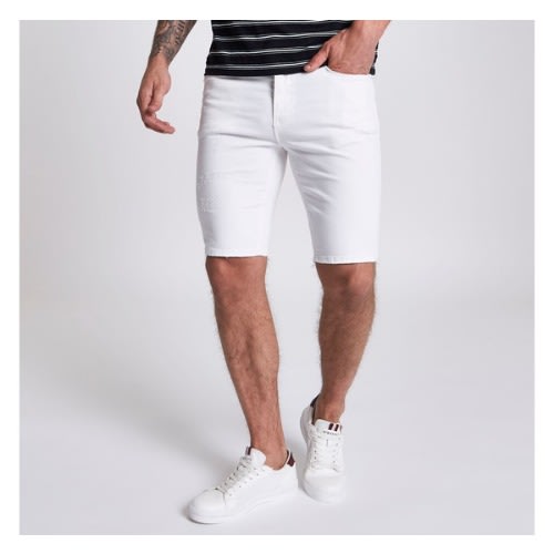 Men's Side Ripped Stretched Jeans Short - White