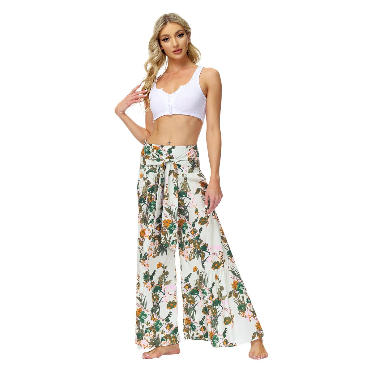 Ladies Beach Wide Leg Pants Tie Pants Digital Printing Loose Casual Pants -Green