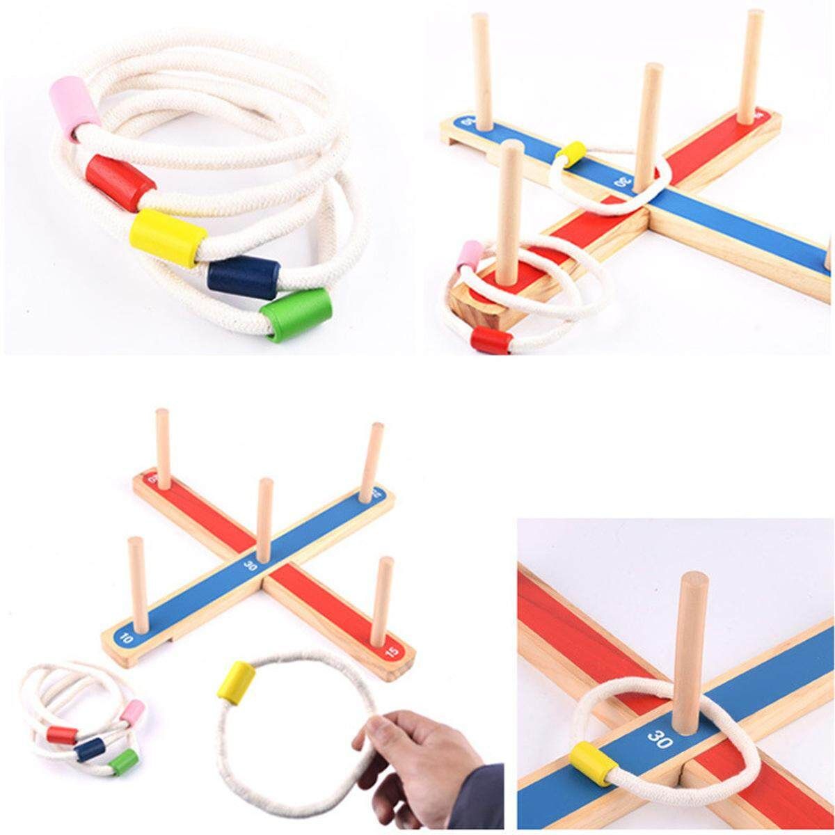 Rope Hoop Wooden Quoits Fun Ring Toss Game Set Pegs Hoopla Activity Toys Ringer