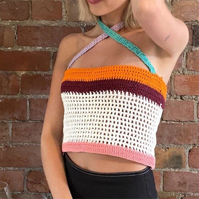 Sexy Women Hollow Out Backless Halter Camisole Summer Boho Beach Crochet Camis