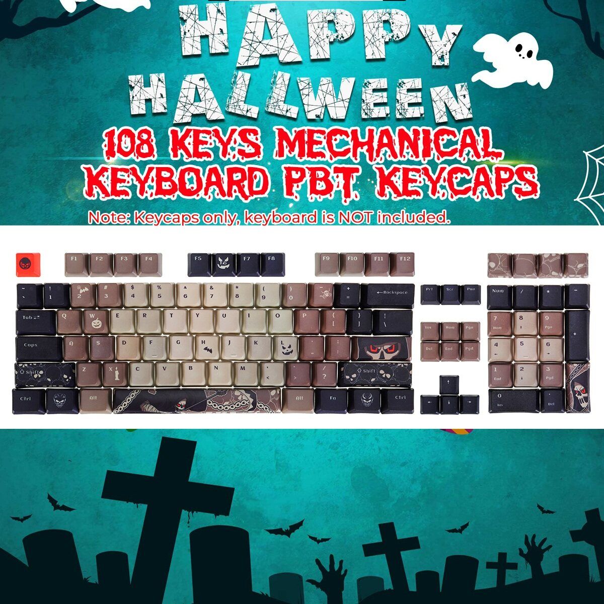 Feker PBT Five-sided Sublimation OEM Height 108 Key Halloween Theme Mechianical Keyboard Keycap With Key Puller