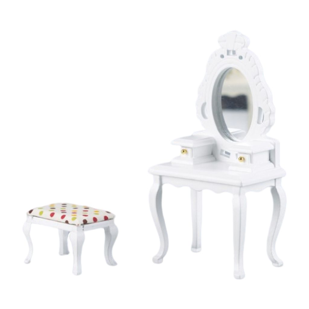 1:12 Mini Toy Dressing Mirror Table With Stool  White
