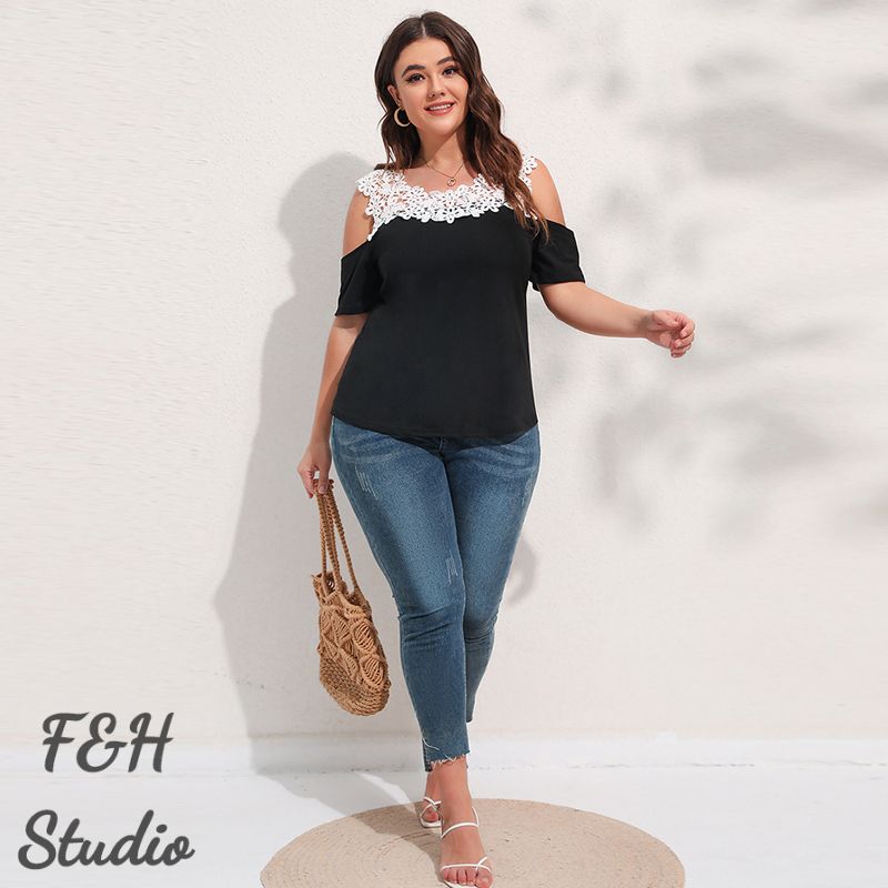 3568 L-4XL Plus Size Short Sleeve Off Shoulder Tops Black