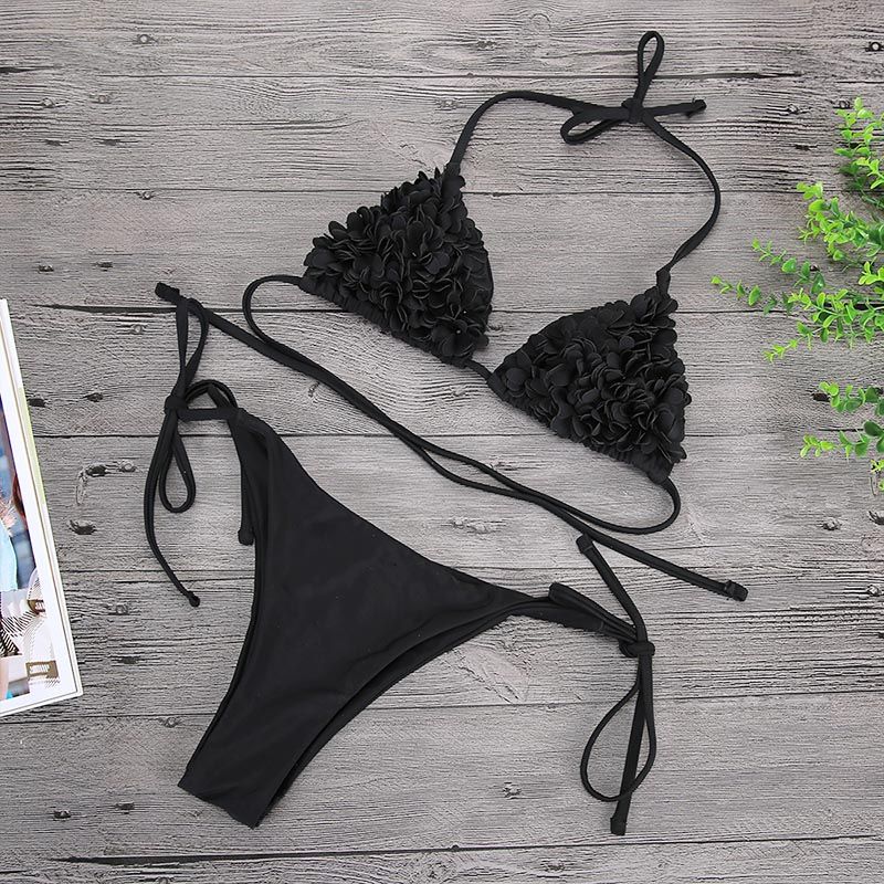 (Black)Swimsuit 2022 New Women Y 3D Flower Bikini 2-piece Suit Independent