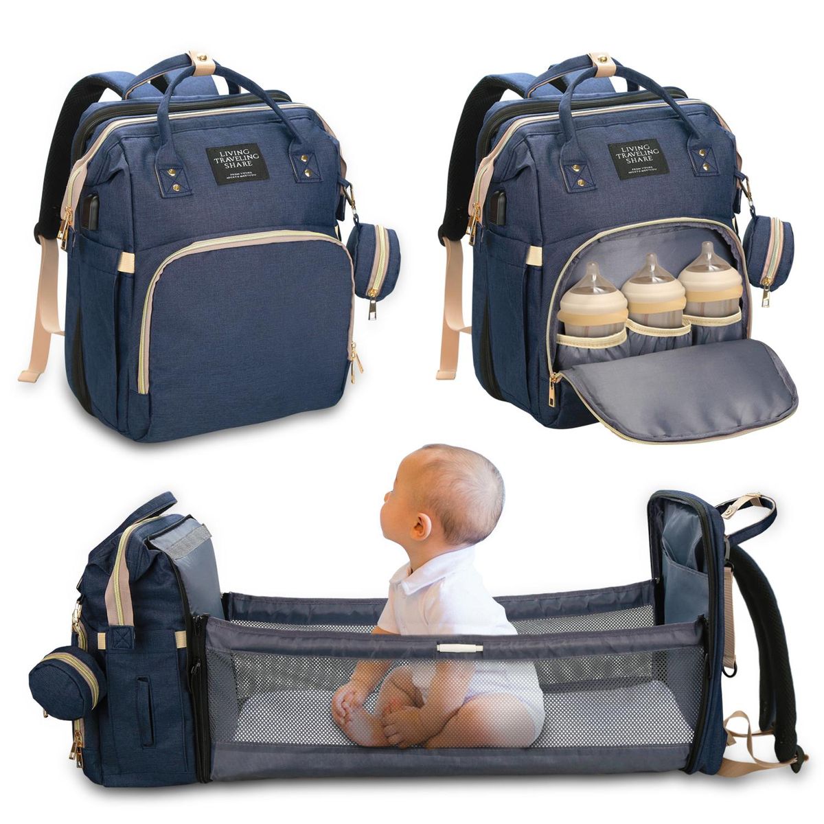 New Mummy Bag Multifunctional Large Capacity Folding Crib Mummy Bag Bed Fashion Mom Mother and Baby Bag Factory Upgrade Dark Blue -