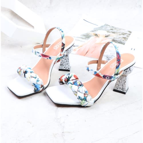 Floral Block Heel Sandals- White