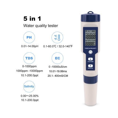Professional Digital Water Tester 5 In 1 PH/TDS/EC/Salinity/Temperature Tester Pen Waterproof Multi-Function Meter