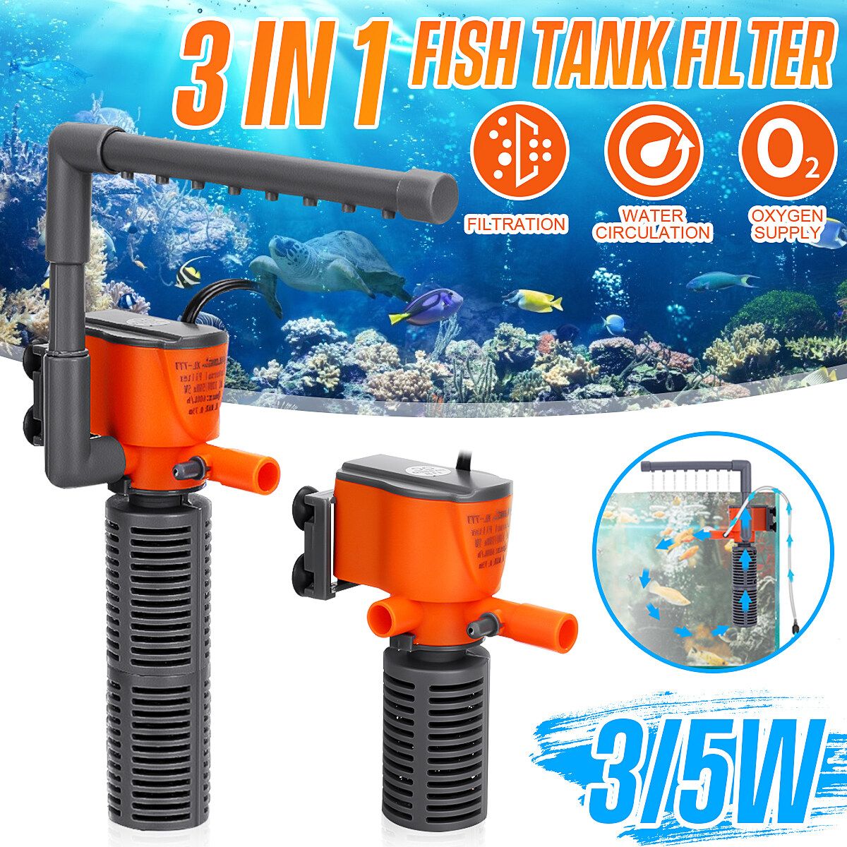 3 IN 1 3 / 5W Aquarium Water Pump Submersible Fish Tank Tropical Marine Filter XL-777