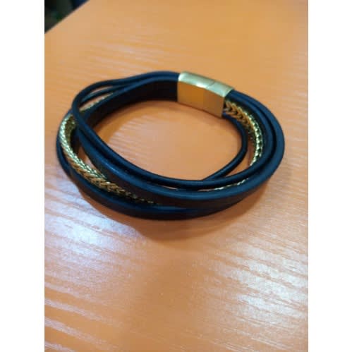 Men's Leather Bracelet Black And Gold
