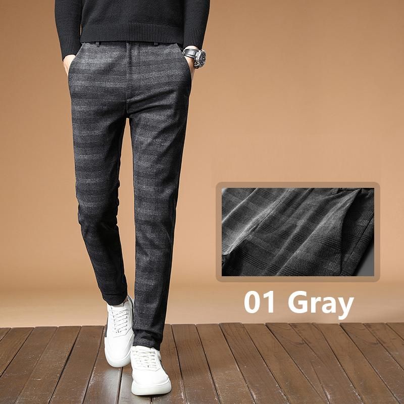 Brand Checkered Pants Men's Long Elastic Cotton Gray Cotton Black And Blue Slim Work Pants for Men Classic Clothing