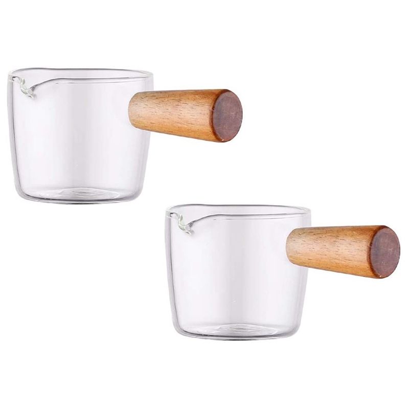 2PCS Transparent Glass With Wooden Handle, Creamer Pitcher.