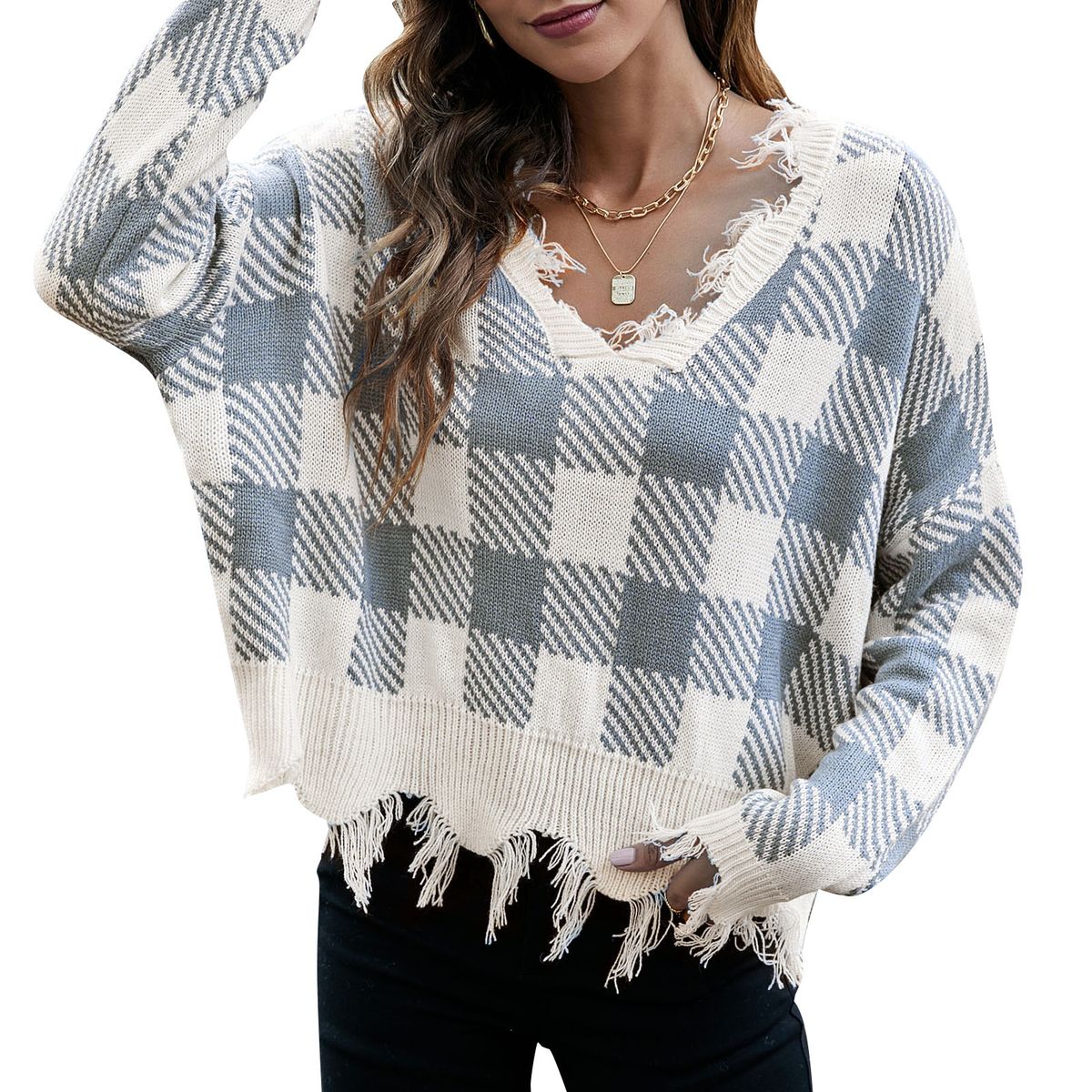 Women Ripped Sweater Plaid V Neck Loose Long Sleeve Knitted
