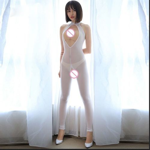 Women Choker Necklace Collar Open Cup Bodysuit Transparent Catsuit Nightclub Costumes Sexy Open Bra Crotchless Full Bodysuits(#White)