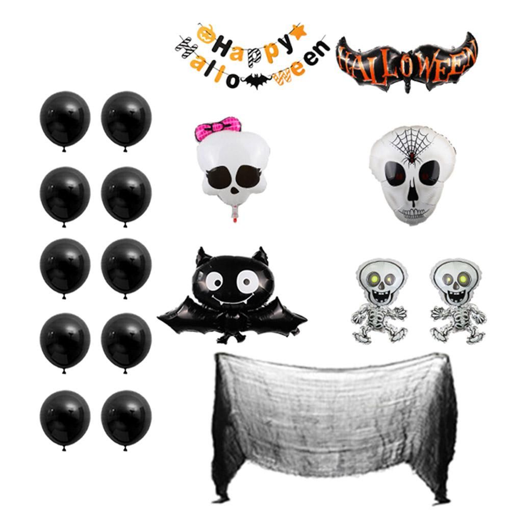 18PCs Halloween Balloons Banner Kit Happy Halloween Party Decoration With Halloween Banner Latex Balloons Ghost Female Ghost Skeleton Dancing Skeleton Black BatBlack Net Cloth