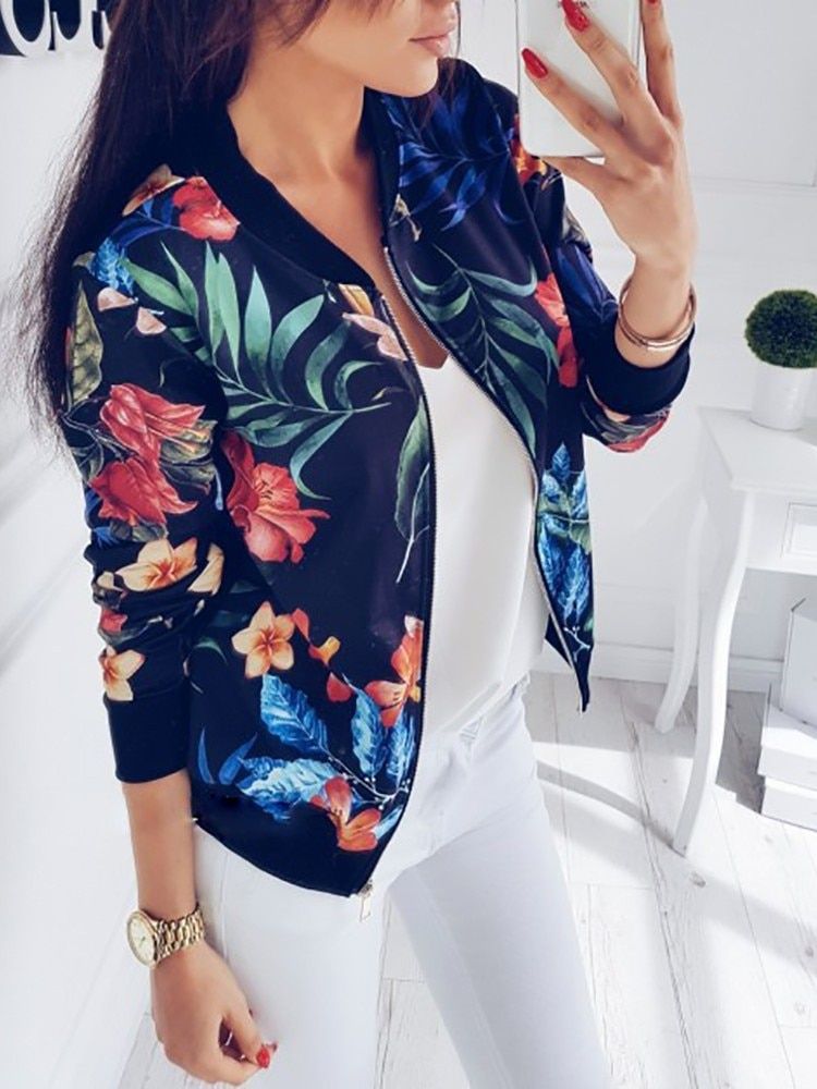 Women Vintage Jacket Streetwear Floral Print Autumn Thin Woman Er Jacket Streetwear Oversized Zipper Ladies Outerwear Coat