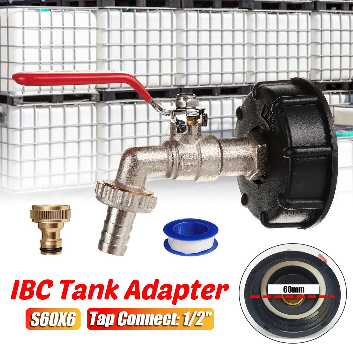IBC Tank Adapter S60X6 To 1/2" Lever Brass Water Tank Adapter Hose Connector