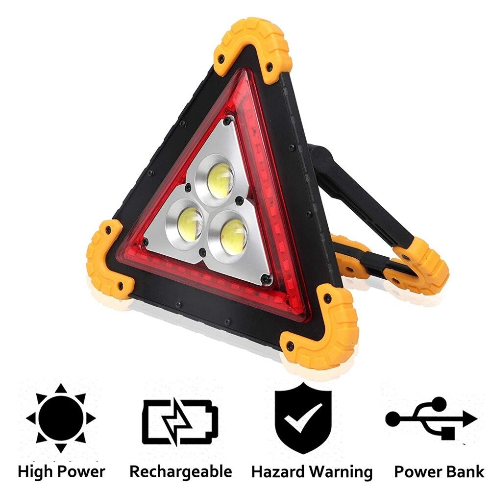 300W Car Triangle Emergency Warning Light Rechargeable LED Work Light Red Hazard Flashing Lamp 4 Modes Waterproof COB For Roadside Breakdown Repairing Garage Floodlight Outdoor Camping Emergency Light 3 Holes