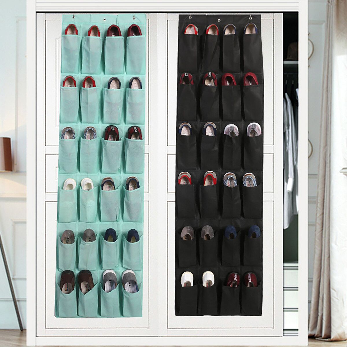 24 Pockets Over Door Hanging Bag Box Shoes Rack Hanger Storage Tidy Closet Holder Black