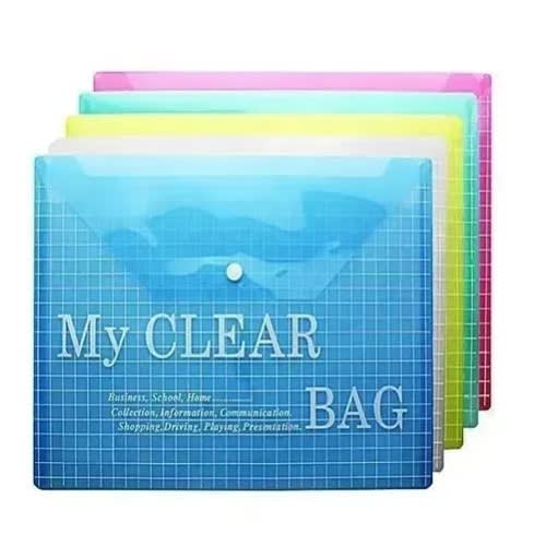 A4 Clear Bag - Plastic Popper Files Folders - 12 Pieces - Multicolor