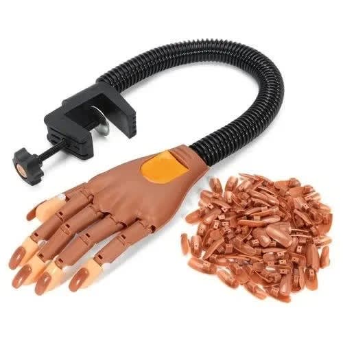 Flexible Clip-on Nail Art Training Practice Hand + 100 Refill Nail Tips