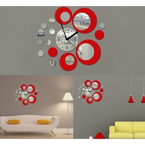 Circle 3D Crystal Mirror Wall Clock Wall Sticker - Silver & Red