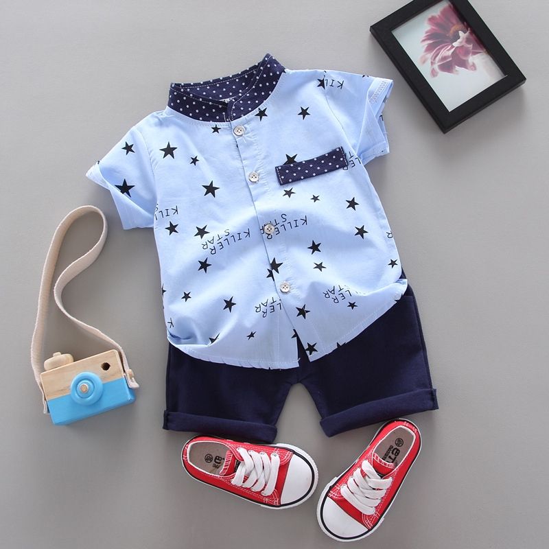 Boys Star Printed Shirt + Short Pant Cotton Suit - Blue