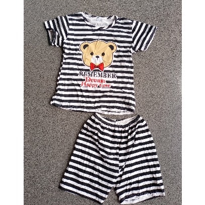 2pcs Unisex Short Sleeve Striped Teddy Bear Top And Short Pyjamas Set
