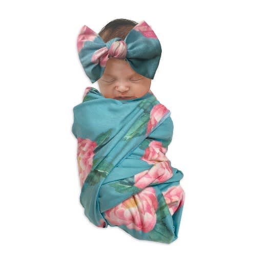 Baby Girl Swaddle And Bow  Headband - 2 Piece  Set