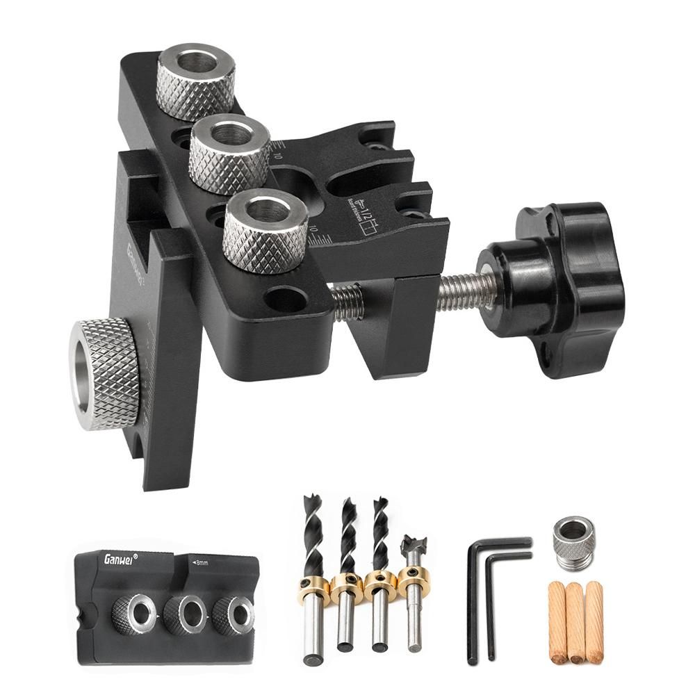 3in1 Woodworking Holes Drilling Locator Aluminum Alloy Punch Positioner Woodpiece Guide Jig with 8-15mm Drill Bits Deformable Carpentry DIY Tool for Board Splicing