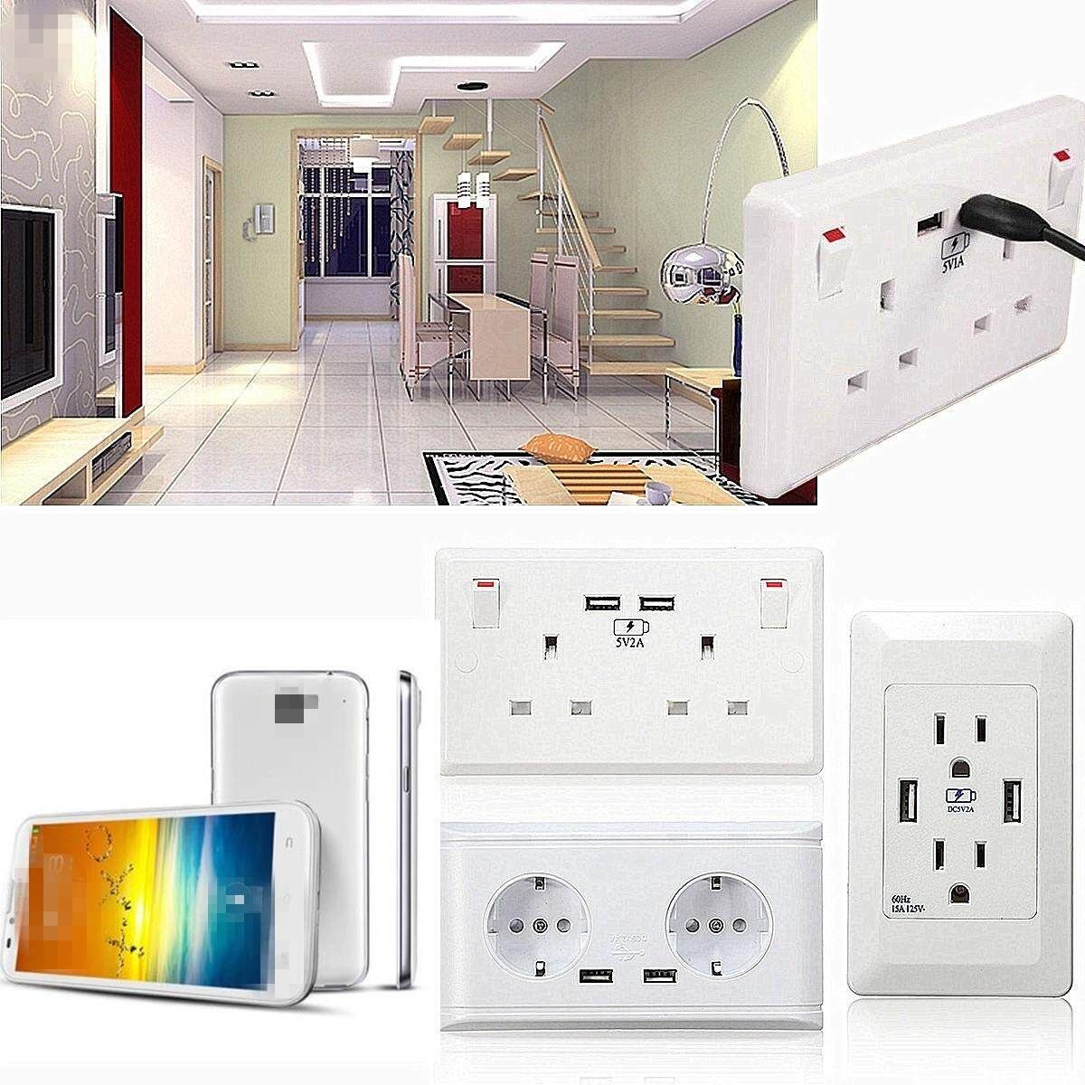 5PCS (WHITE DOUBLE SOCKET)WHITE DOUBLE SOCKET 13A 2 GANG ELECTRIC WALL PLUG WITH 2 USB OUTLETS UK