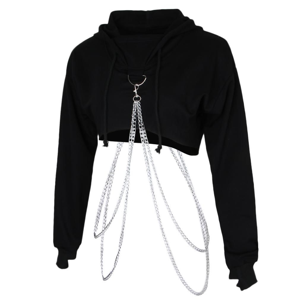 Women Teen Girl Etal Chain Hoodie Crop Top Long Sleeve Hooded M