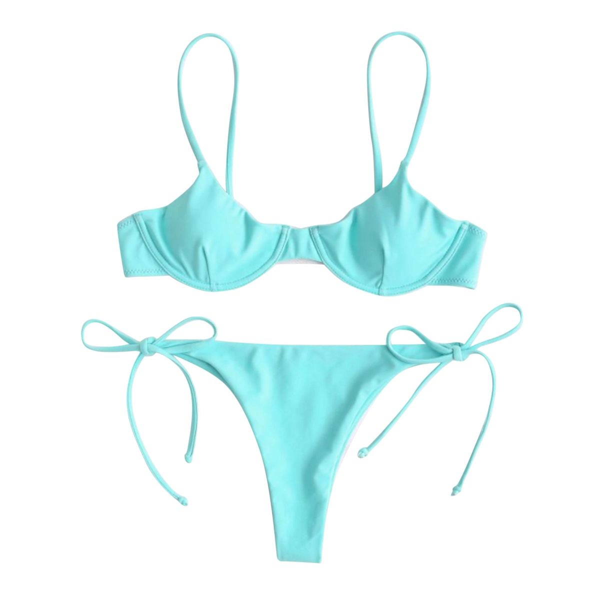 Women Split Swimsuit Sets Solid Color/Printed V-neck Bikini + Lace Up Panties 2 Piece Bikini Sets Summer Beachweaar Sky Blue