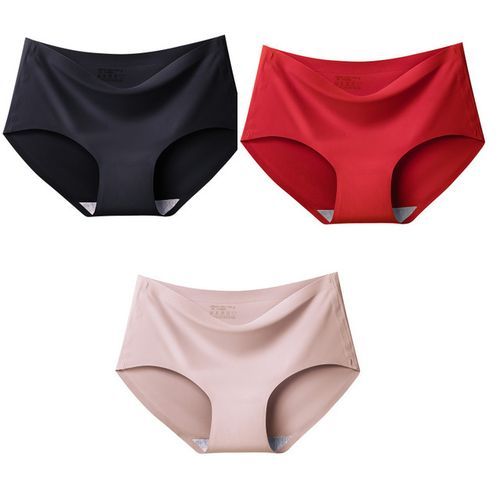 Big Size 4XL Women Seamless Panties Silk Mid Waist Underwear For Female 3Pcs Large Size Women's Panties Set Underpant Lingerie(#black Red Coffee)