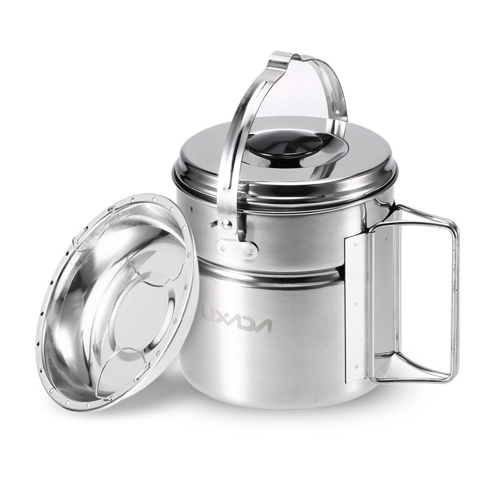 Lixada Stainless Steel Bail Handle Camping Pot with Internal Steaming Dish Foldable Handle