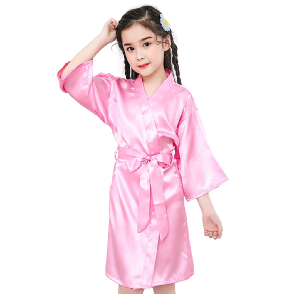 Summer Girls Silk Robe Solid Color Children Pajamas-Pink