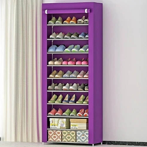 Stainless Shoe Rack + Fabric Cover For 24 Pairs - Purple