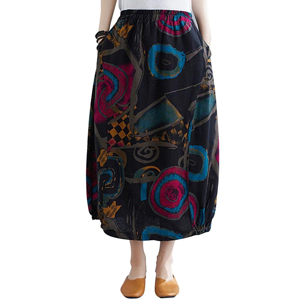 Women Boho Vintage Print Bud Skirt with Elastic Waist Side Pockets Casual Holiday Floral Skirt Multicolor