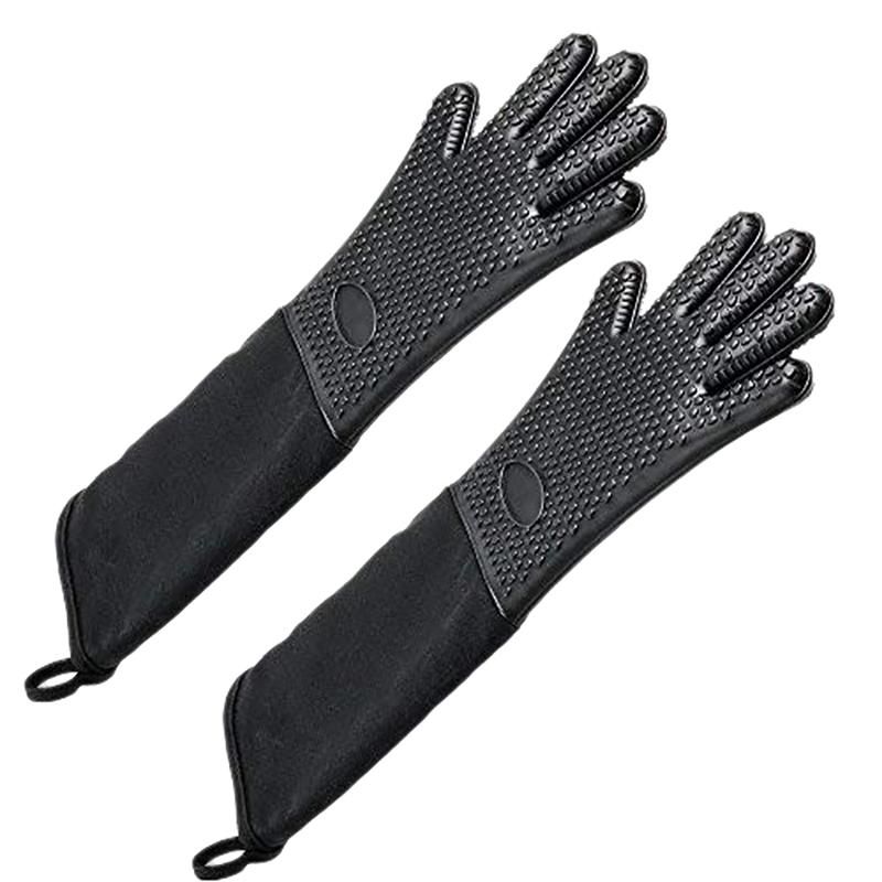 Extra Long Professional Silicone Oven Mitt, Heat Resistant Cooking Glove With Internal Cotton For Kitchen,Bbq,Baking,Grill - Black