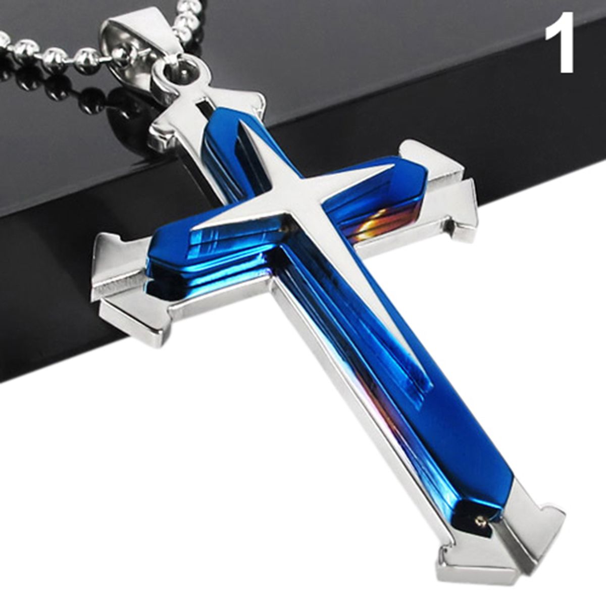 Men\'s Fashion Cross Pendant Stainless Steel Chain Necklace Jewelry Charm Gift-Blue