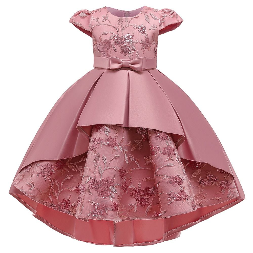 GIRL HIGH LOW EMBROIDERY DRESS GOWN - PINK - G125