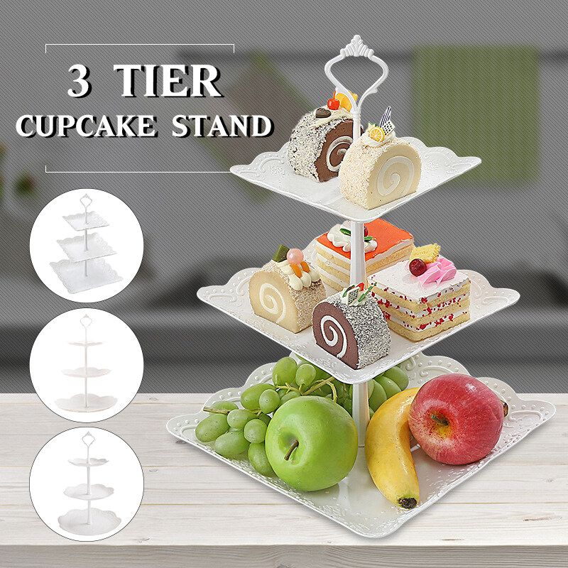 3-Tier White Dessert Cake Stand, Cupcake Pastry Cookie Tray Rack Candy Buffet Fruit Holder For Wedding Home Birthday Party Decor Serving Platter White TYPE A